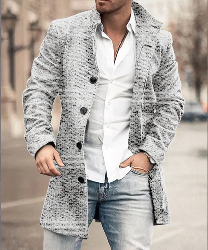 Men's long button-front trench coat with turn-down collar and side pockets