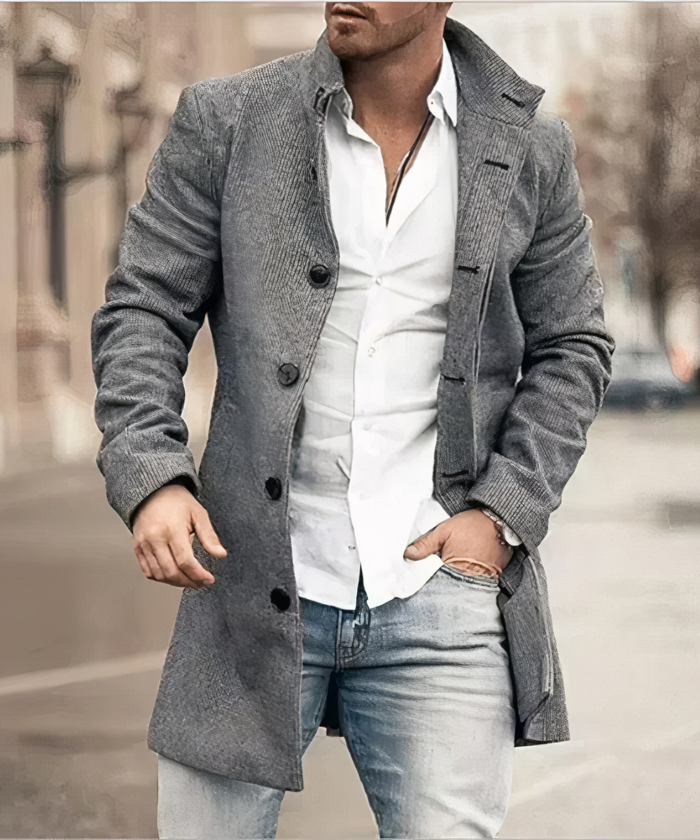 Men's long button-front trench coat with turn-down collar and side pockets