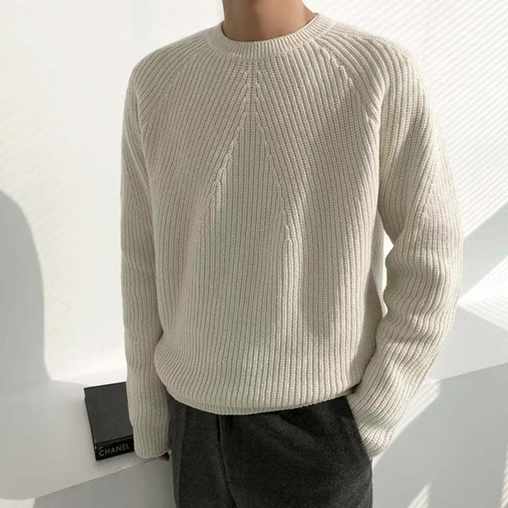Unisex ribbed crew neck sweater in green and white, long sleeves, relaxed fit