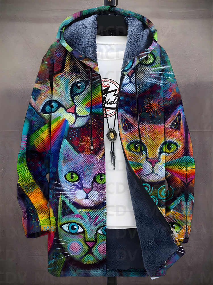 Multicolor cat print zip-up hoodie with hood and long sleeves