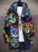 Multicolor cat print zip-up hoodie with hood and long sleeves