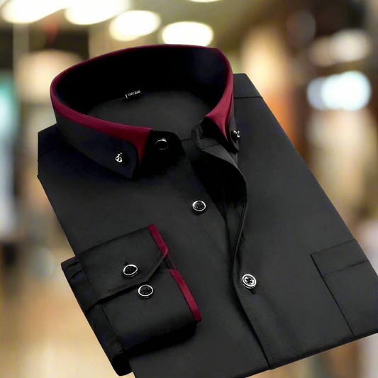 Men's long-sleeve button-down shirt with contrast collar and cuff trim