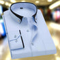 Men's long-sleeve button-down shirt with contrast collar and cuff trim
