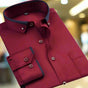 Men's long-sleeve button-down shirt with contrast collar and cuff trim