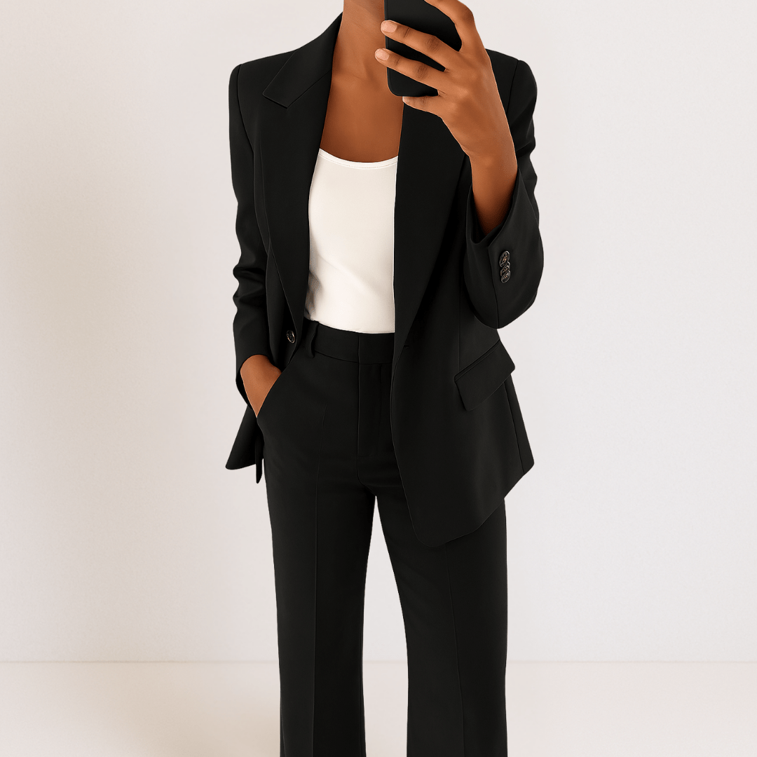 Women's tailored two-piece suit with blazer and straight trousers