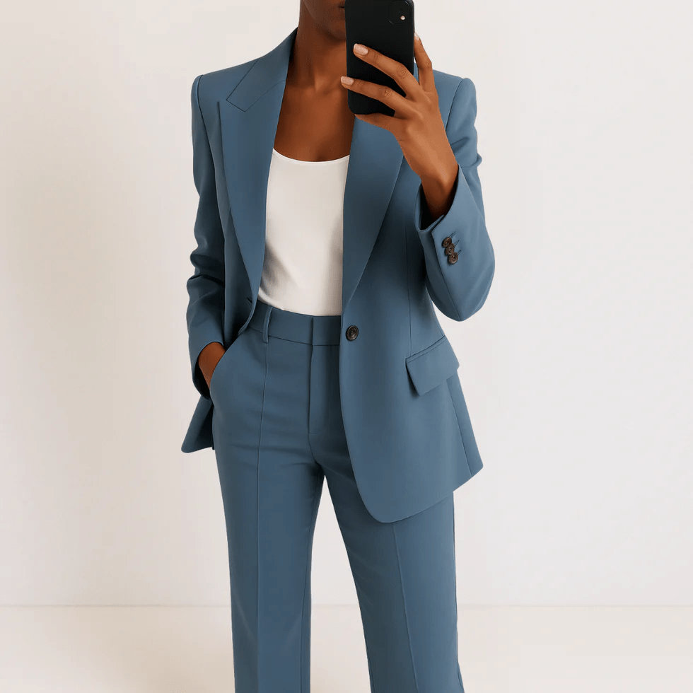 Women's tailored two-piece suit with blazer and straight trousers