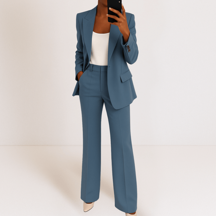 Women's tailored two-piece suit with blazer and straight trousers