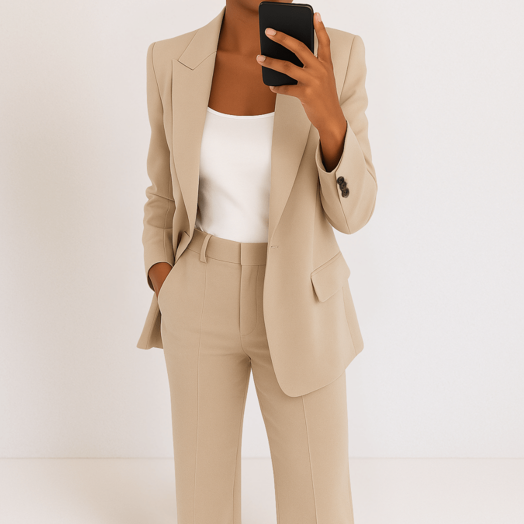 Women's tailored two-piece suit with blazer and straight trousers