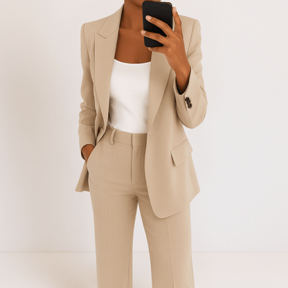 Women's tailored two-piece suit with blazer and straight trousers