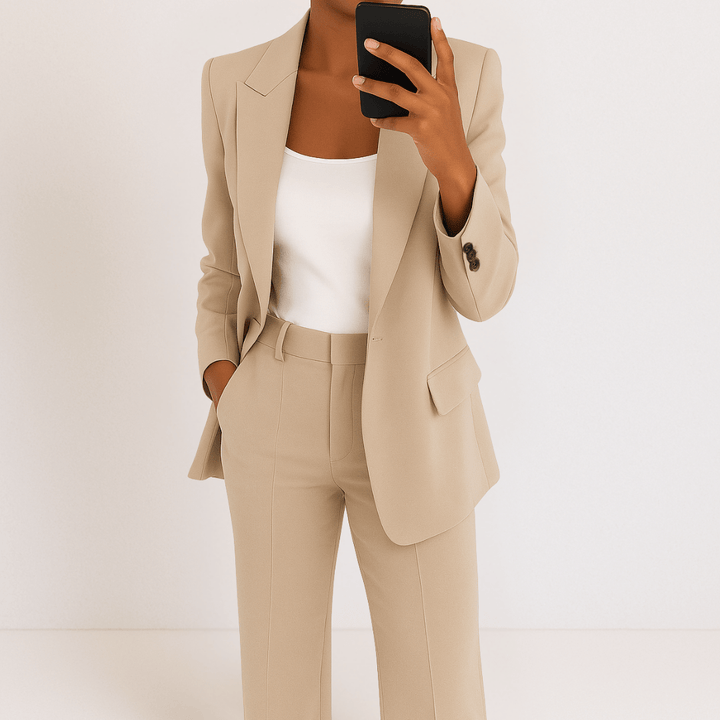 Women's tailored two-piece suit with blazer and straight trousers