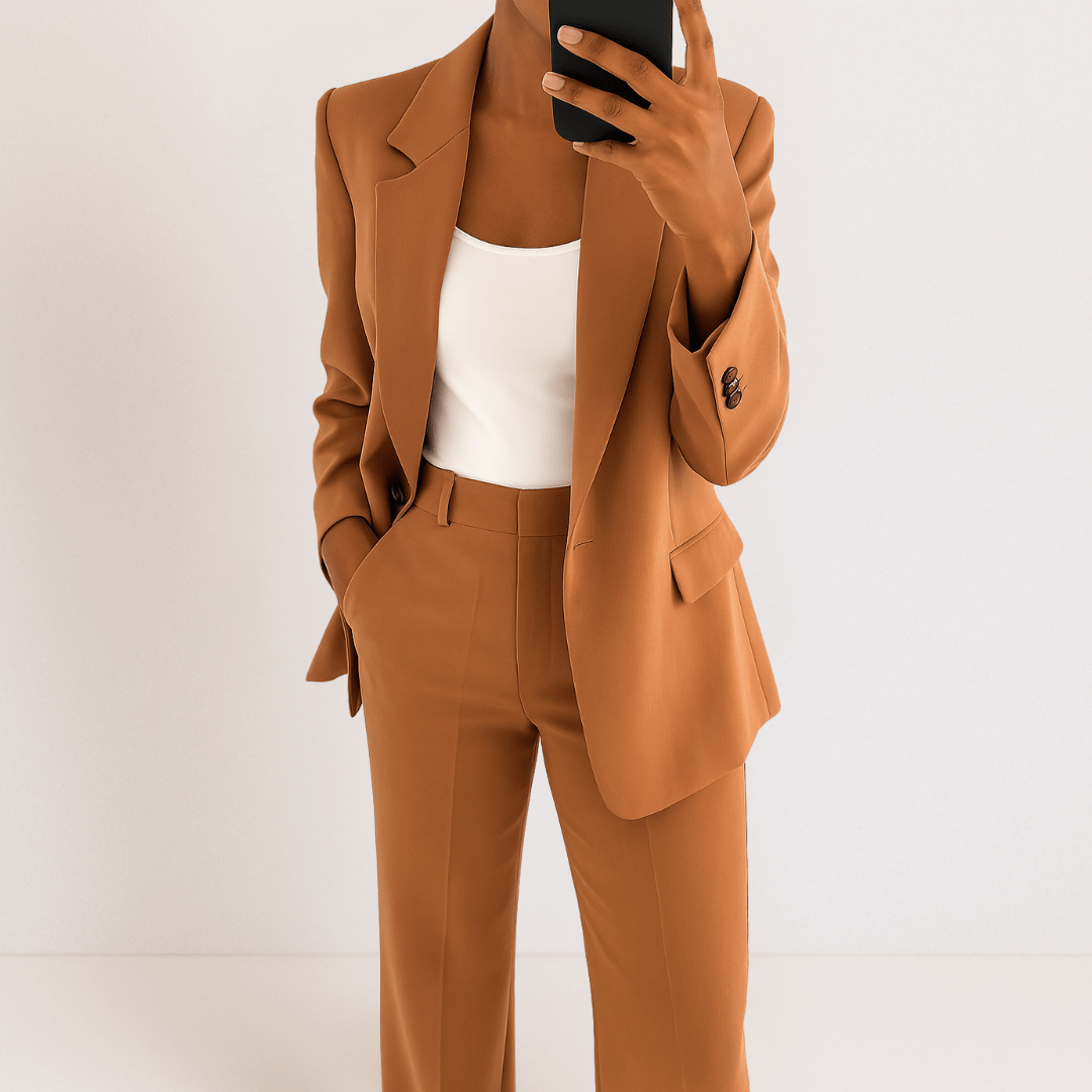 Women's tailored two-piece suit with blazer and straight trousers