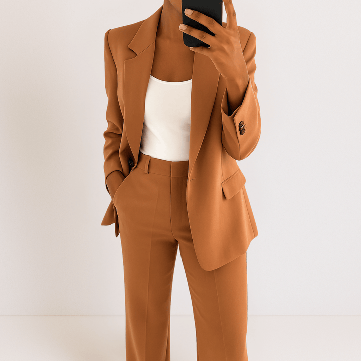 Women's tailored two-piece suit with blazer and straight trousers