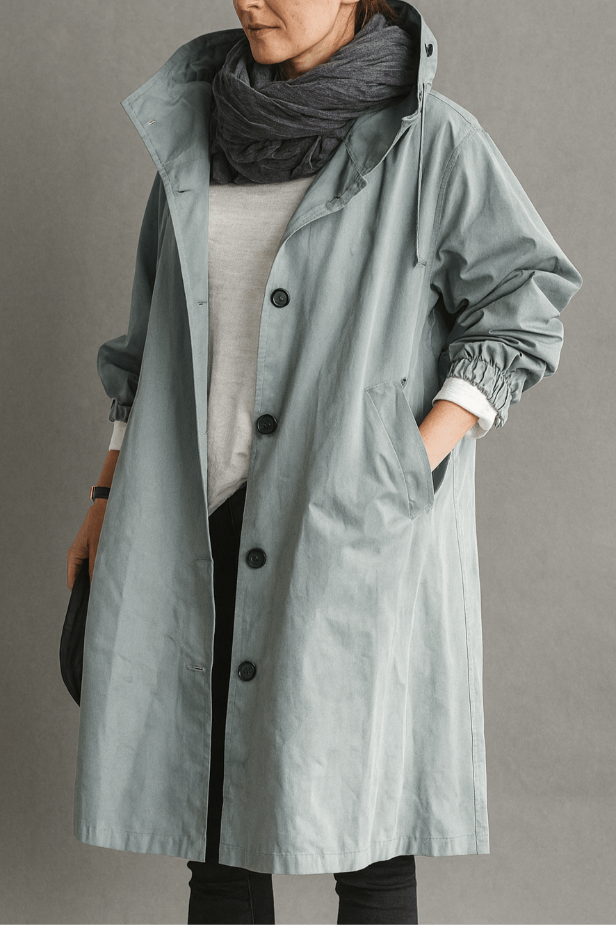Women's hooded button-front trench coat with pockets