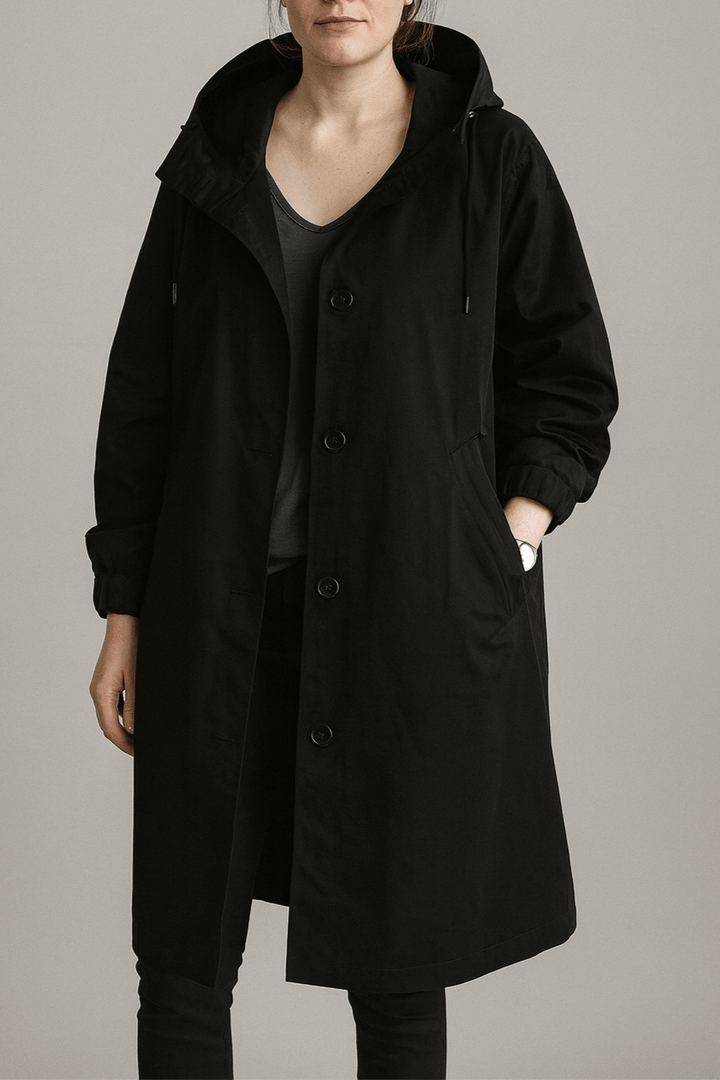 Women's hooded button-front trench coat with pockets