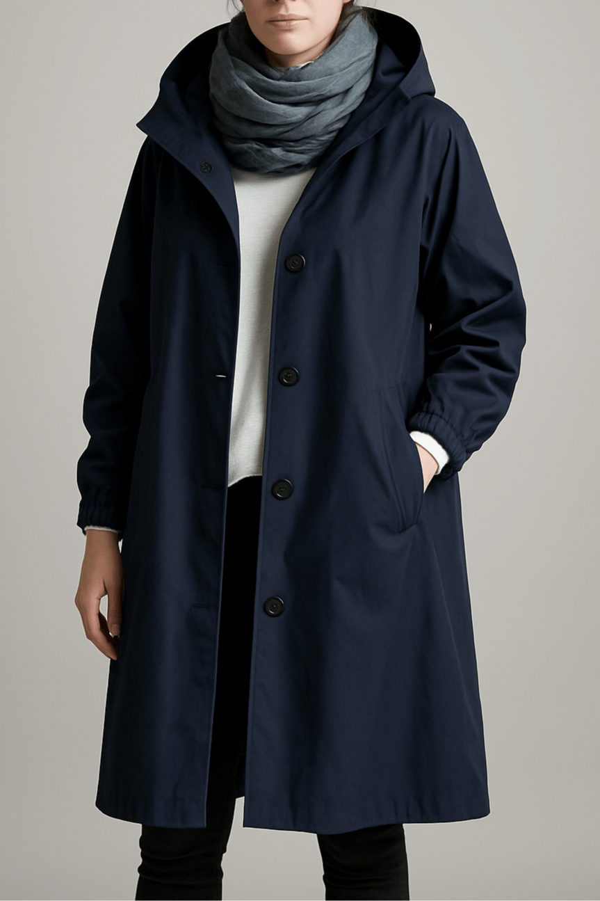 Women's hooded button-front trench coat with pockets