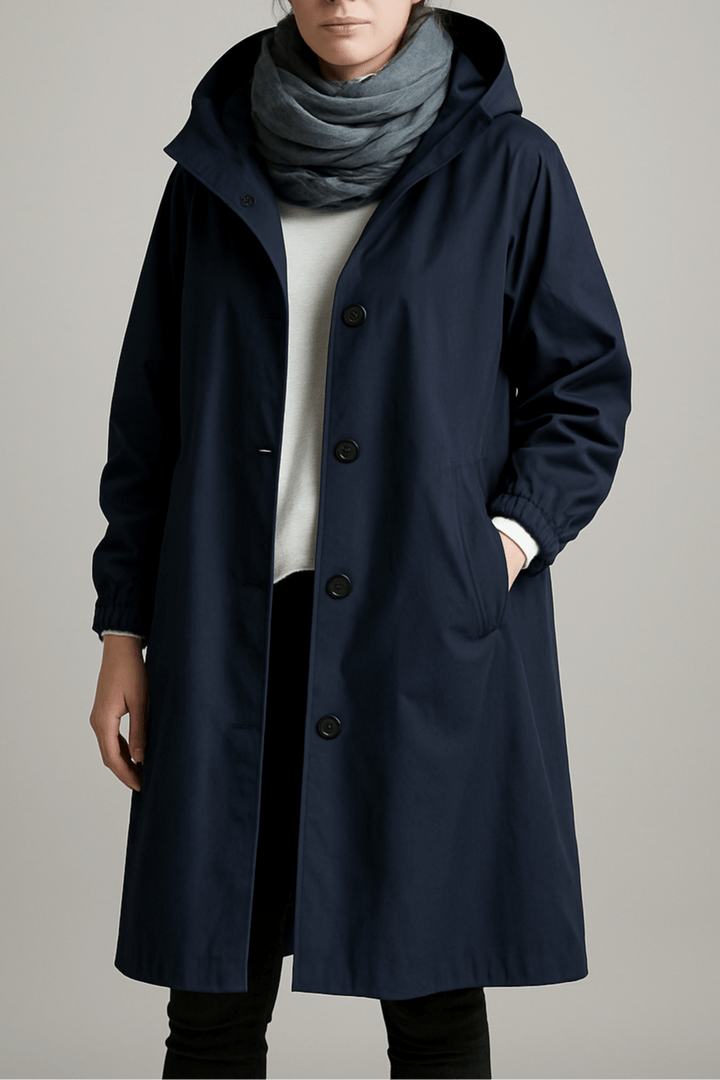 Women's hooded button-front trench coat with pockets