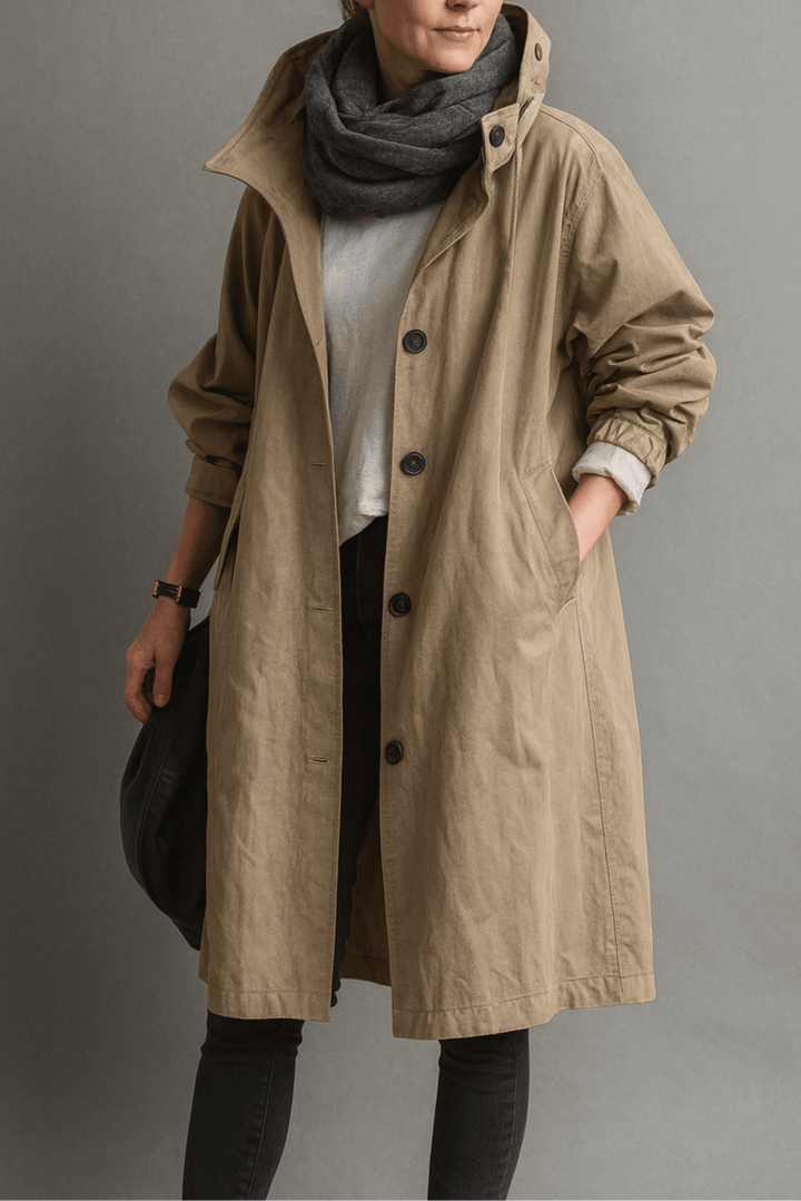 Women's hooded button-front trench coat with pockets