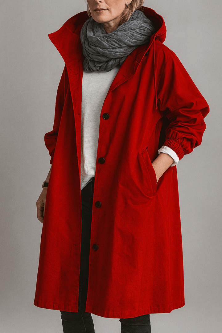 Women's hooded button-front trench coat with pockets