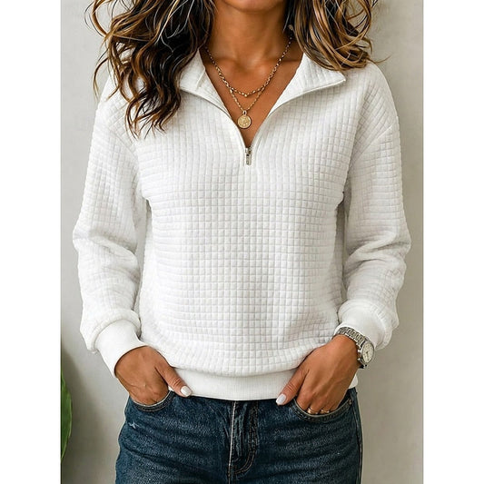 Women's textured quarter-zip sweatshirt with spread collar and ribbed trim