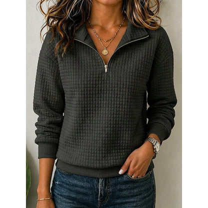 Women's textured quarter-zip sweatshirt with spread collar and ribbed trim