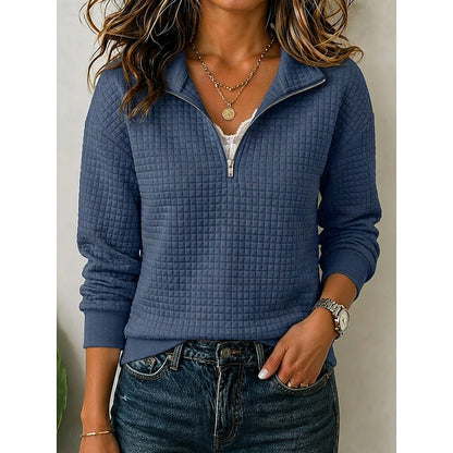 Women's textured quarter-zip sweatshirt with spread collar and ribbed trim