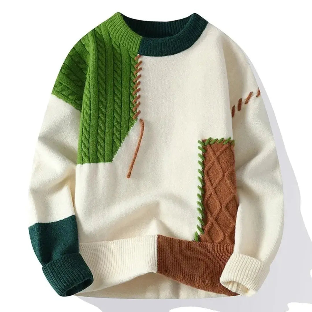 Unisex patchwork crew neck sweater with long sleeves and textured cable panels