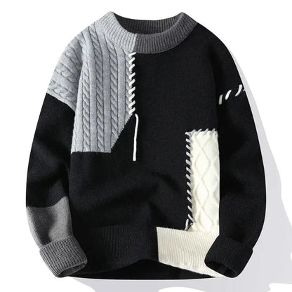 Unisex patchwork crew neck sweater with long sleeves and textured cable panels