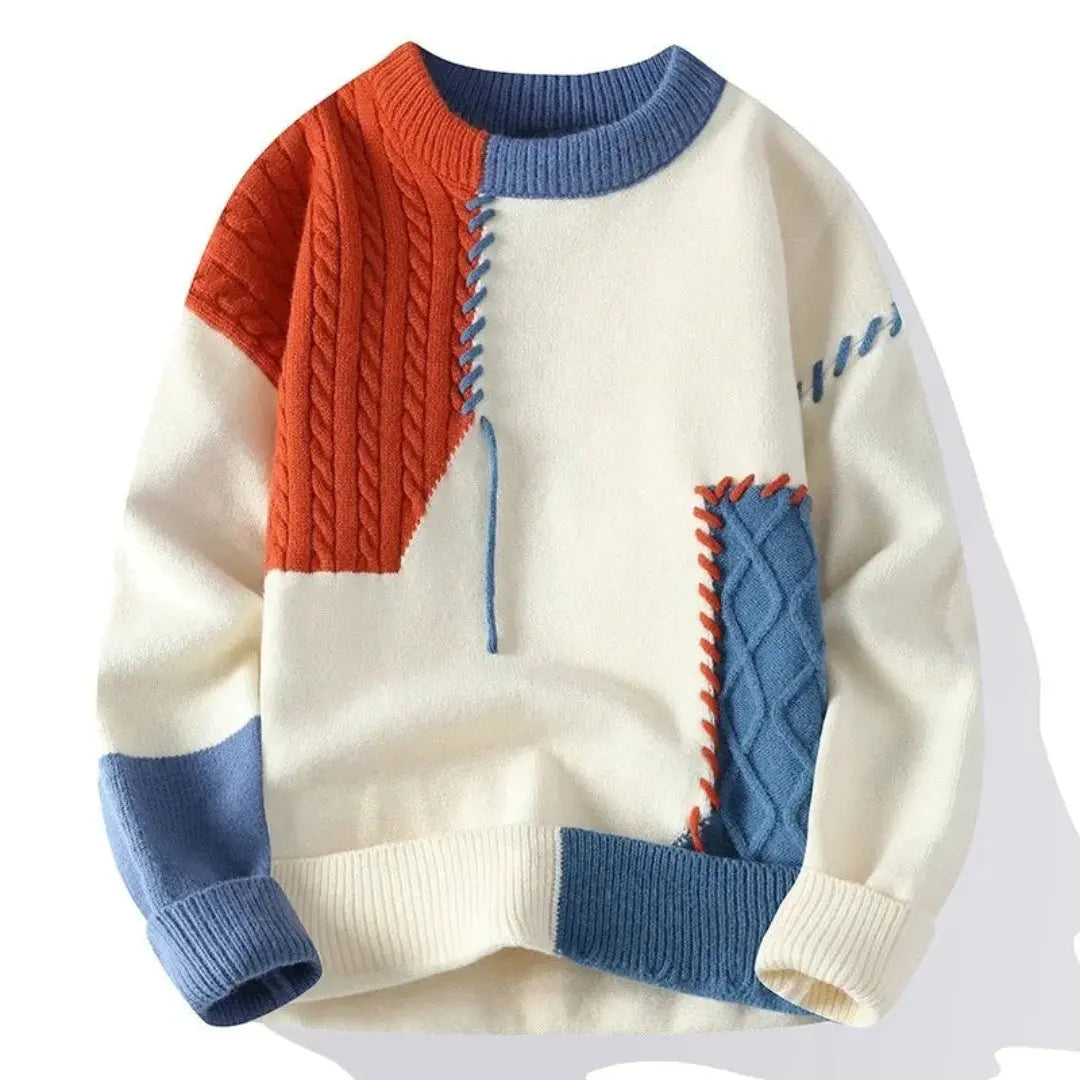 Unisex patchwork crew neck sweater with long sleeves and textured cable panels