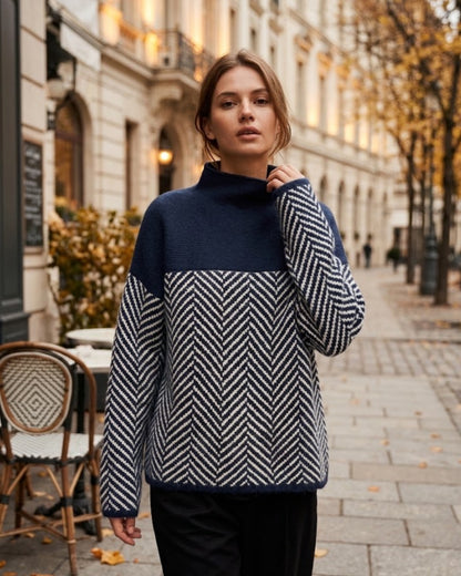 Women's long-sleeve turtleneck sweater with contrasting chevron pattern