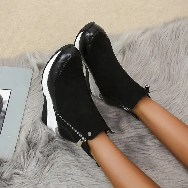 Women's ankle boots with side zippers, textured panels and wedge platform soles