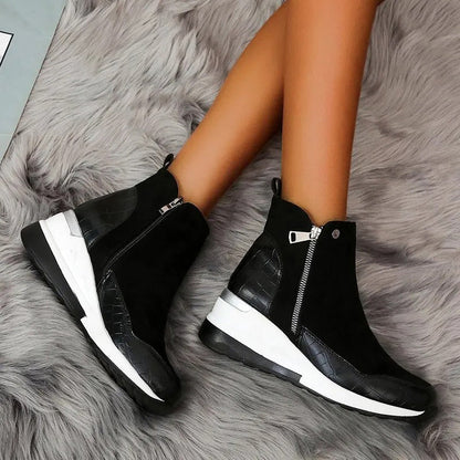 Women's ankle boots with side zippers, textured panels and wedge platform soles