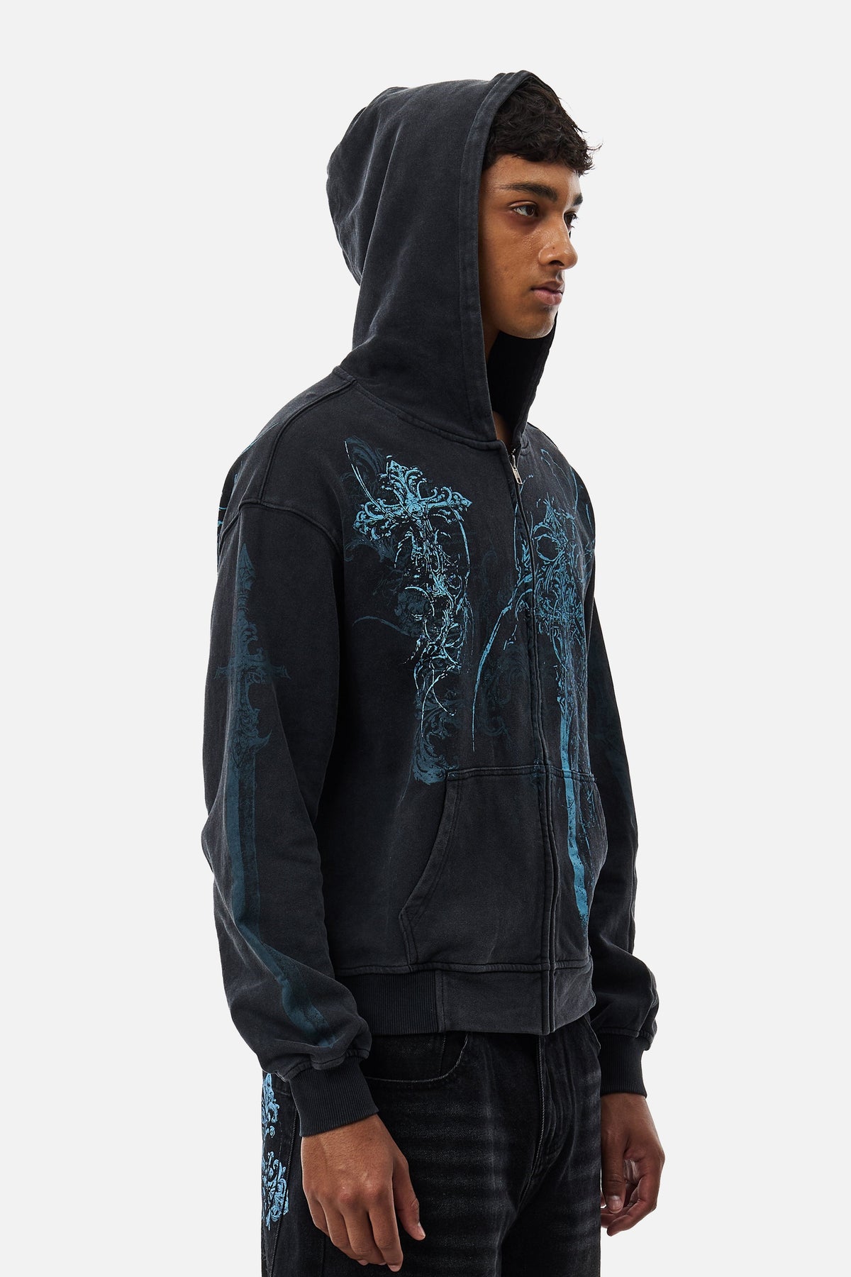 Black unisex zip hoodie with blue abstract graphic artwork
