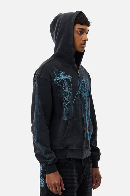 Black unisex zip hoodie with blue abstract graphic artwork