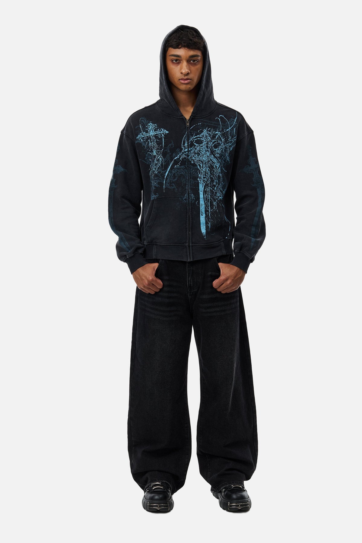 Black unisex zip hoodie with blue abstract graphic artwork