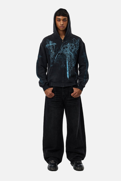 Black unisex zip hoodie with blue abstract graphic artwork