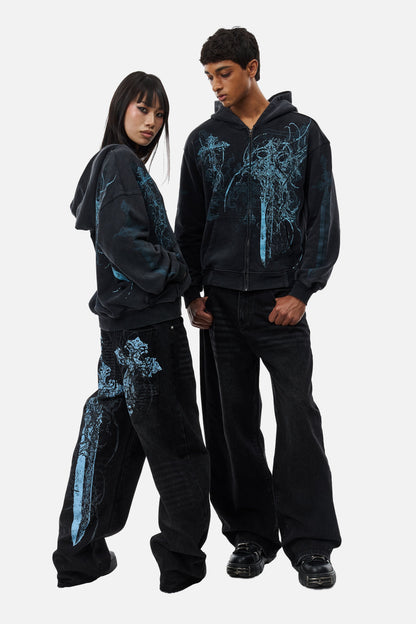 Black unisex zip hoodie with blue abstract graphic artwork