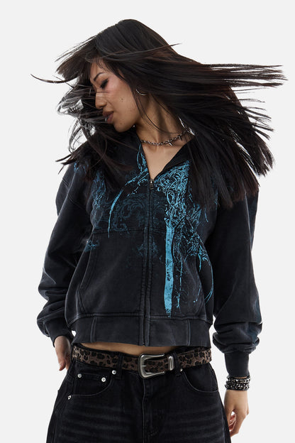 Black unisex zip hoodie with blue abstract graphic artwork