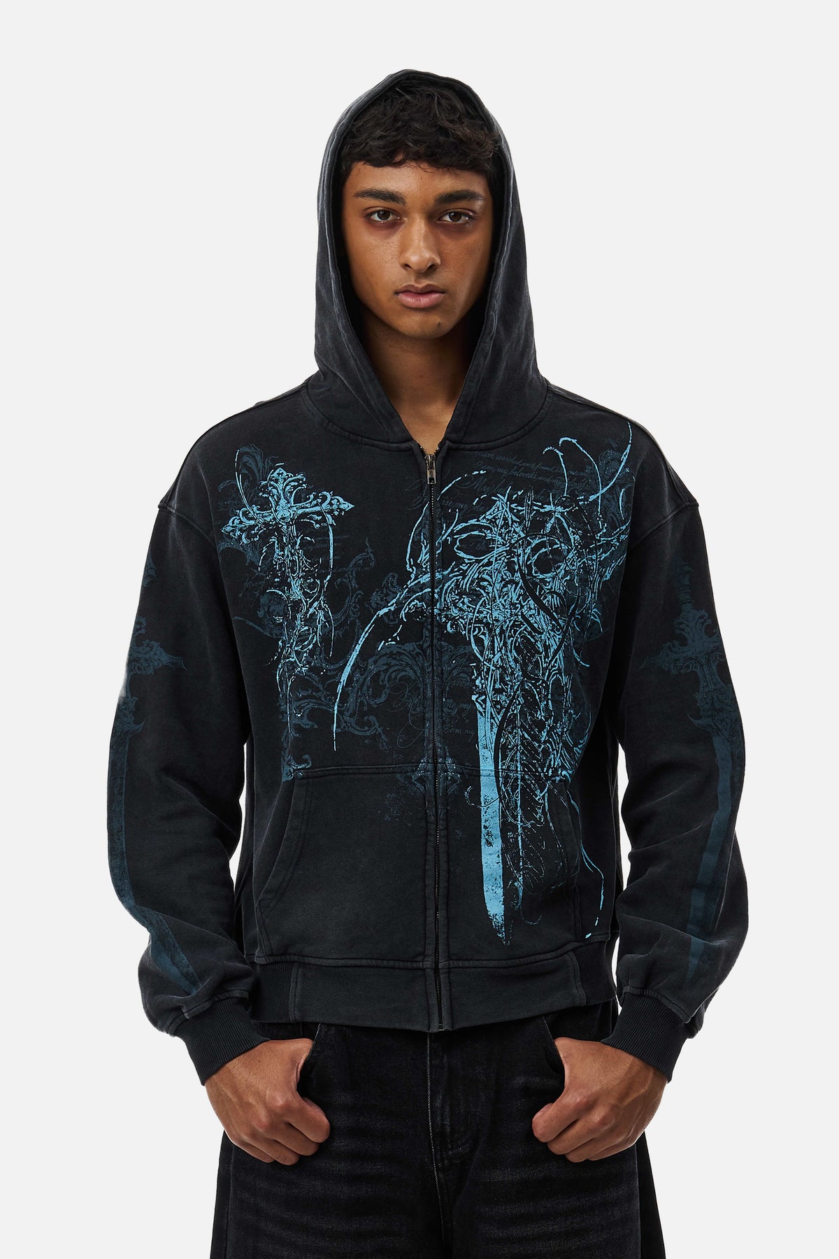 Black unisex zip hoodie with blue abstract graphic artwork