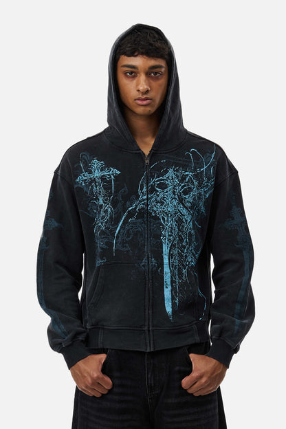 Black unisex zip hoodie with blue abstract graphic artwork