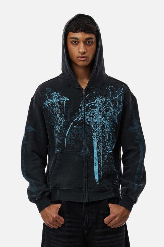 Black unisex zip hoodie with blue abstract graphic artwork