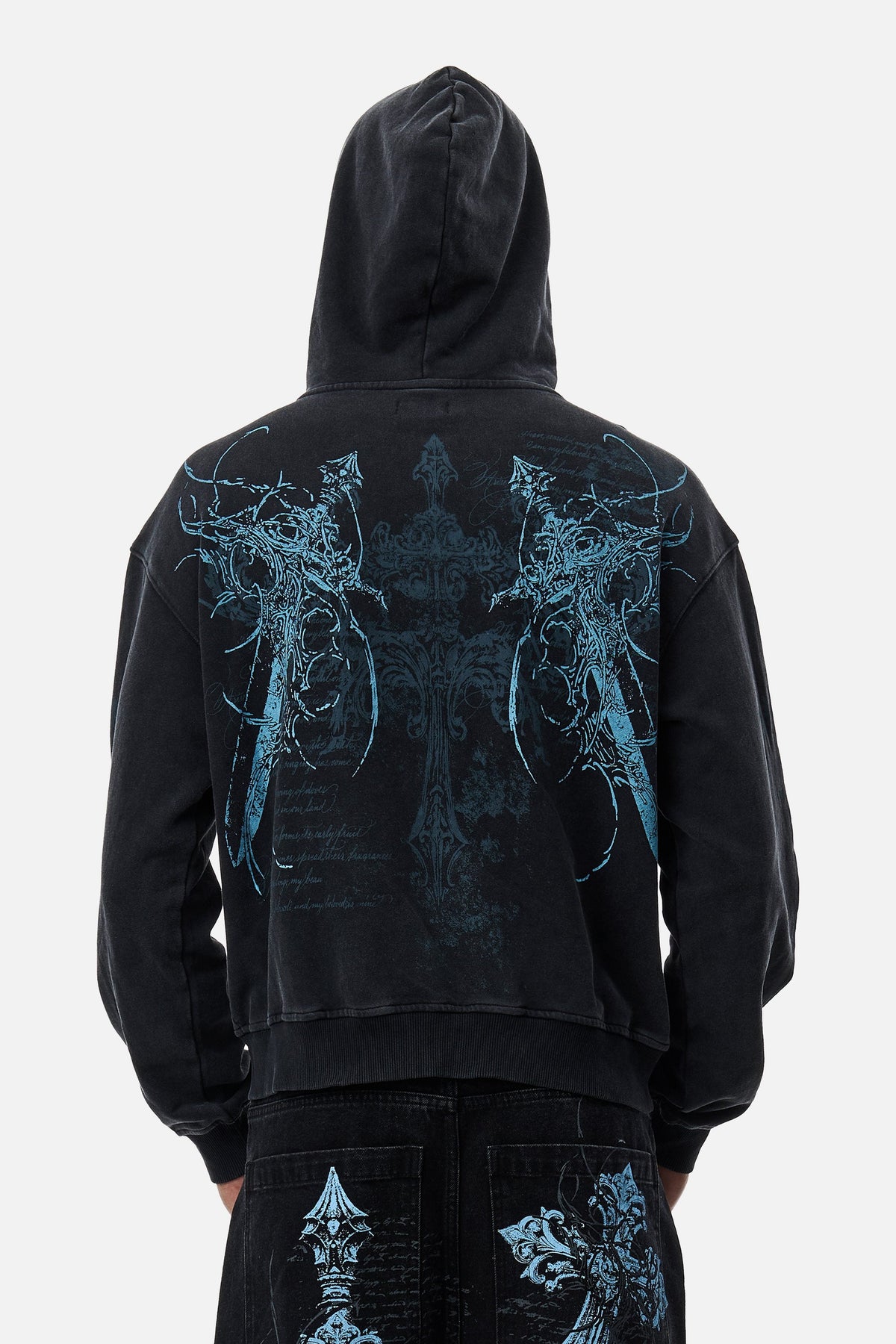 Black unisex zip hoodie with blue abstract graphic artwork