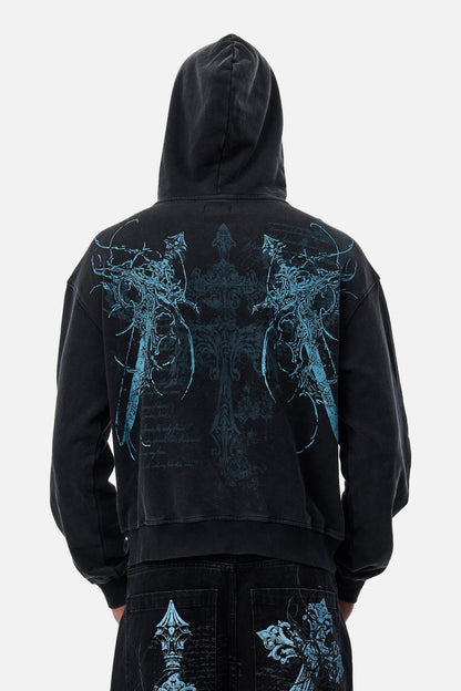 Black unisex zip hoodie with blue abstract graphic artwork
