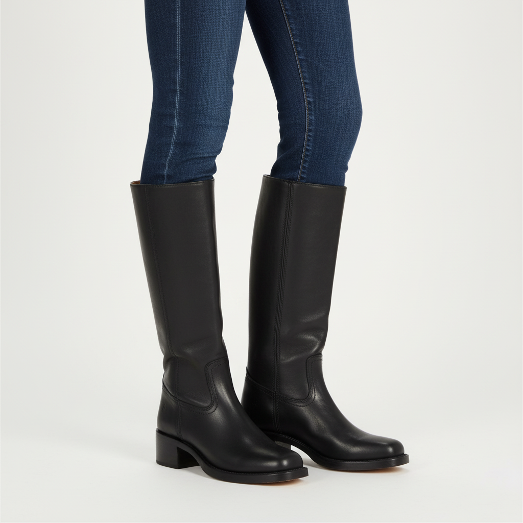 Women's knee-high boots with smooth panels, round toes and low block heels