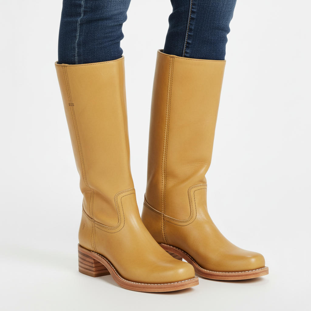 Women's knee-high boots with smooth panels, round toes and low block heels