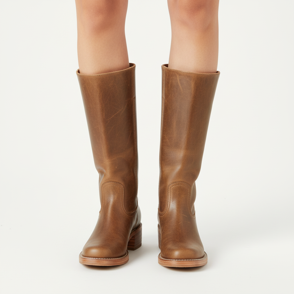 Women's knee-high boots with smooth panels, round toes and low block heels