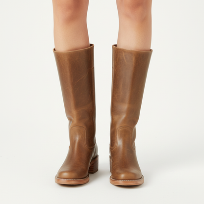 Women's knee-high boots with smooth panels, round toes and low block heels