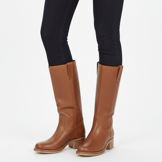 Women's knee-high boots with smooth panels, round toes and low block heels