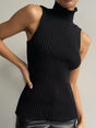 Women's ribbed sleeveless knit top with mock neckline and fitted shape