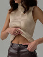 Women's ribbed sleeveless knit top with mock neckline and fitted shape