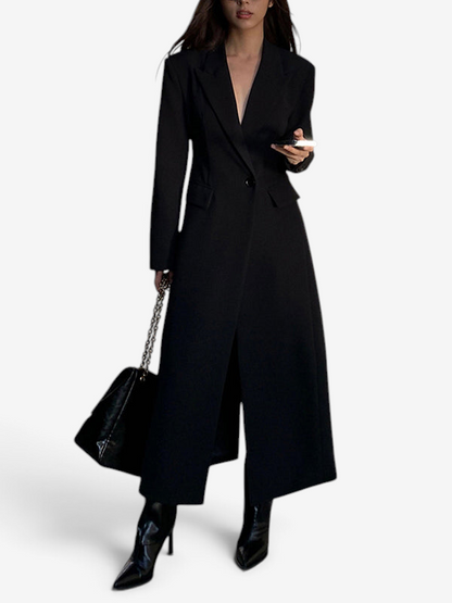 Women's long black single-breasted coat with notched lapels and front pockets